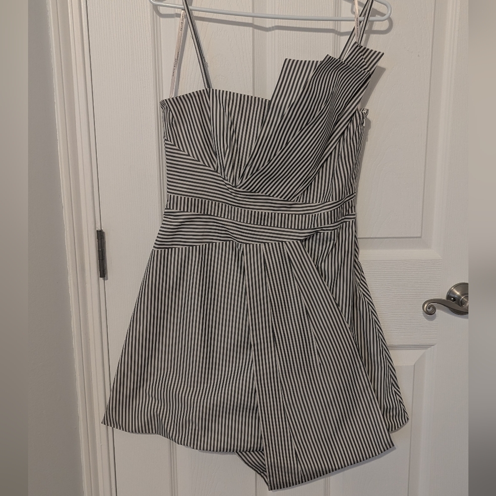 Karen Millen grey and White Striped One-Shoulder Dress